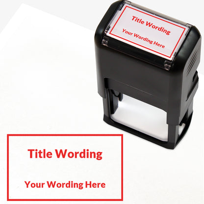 Rectangular self-inking stamper measuring 41mm by 24mm, featuring the phrase 'Title Wording' and 'Your Wording Here' within a text box across 2 lines, in red ink.