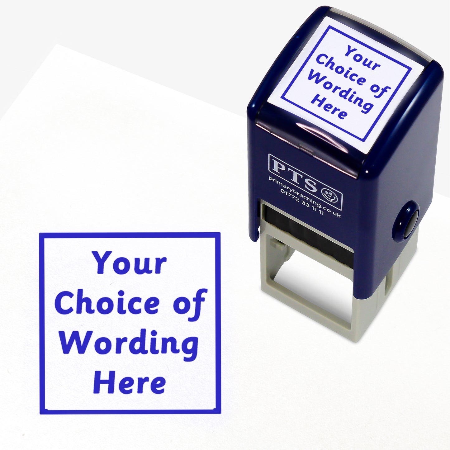 A 25mm pre-inked stamper with blue ink, featuring the space for personalisation 'Your Choice of Wording Here' in a clear, bold font across 4 lines.