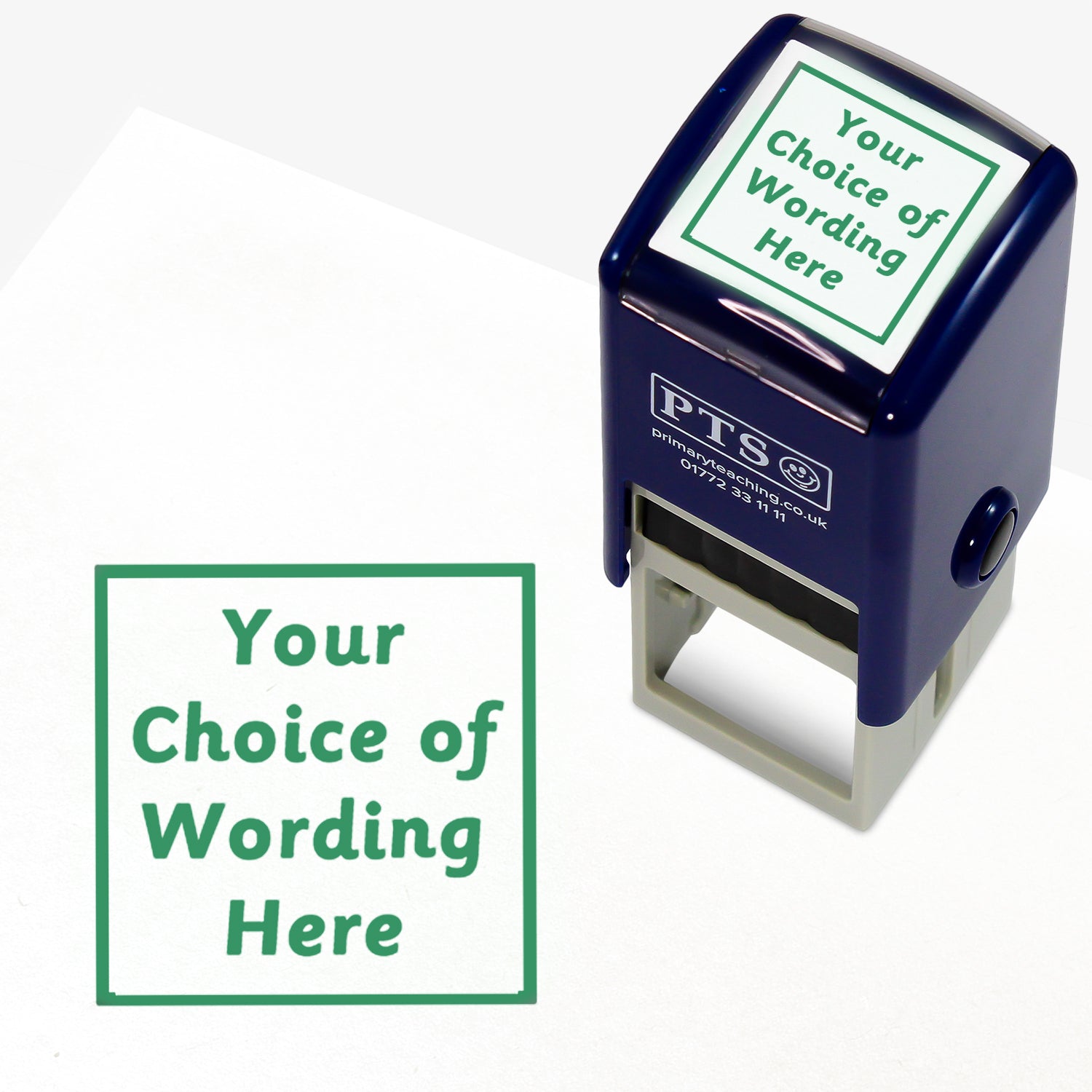 A 25mm pre-inked stamper with green ink, featuring the space for personalisation 'Your Choice of Wording Here' in a clear, bold font across 4 lines.