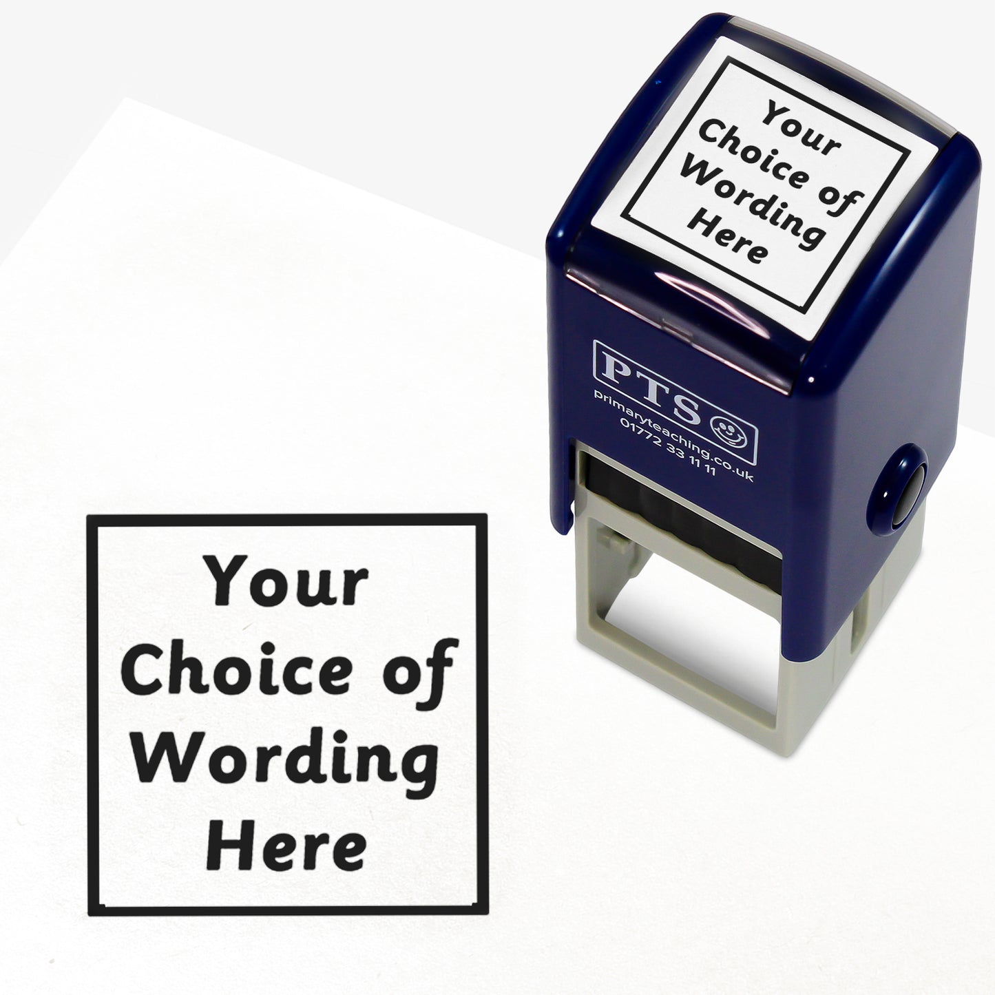 A 25mm pre-inked stamper with black ink, featuring the space for personalisation 'Your Choice of Wording Here' in a clear, bold font across 4 lines.