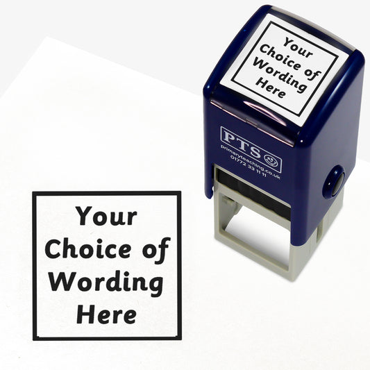 A 25mm pre-inked stamper with black ink, featuring the space for personalisation 'Your Choice of Wording Here' in a clear, bold font across 4 lines.
