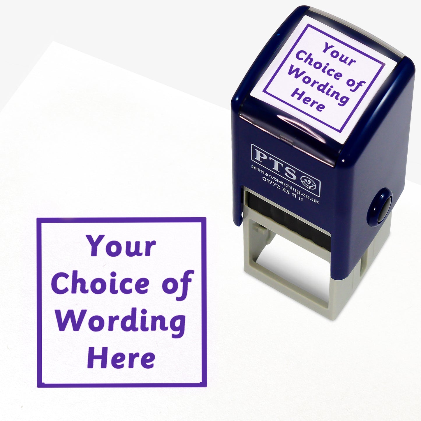 A 25mm pre-inked stamper with purple ink, featuring the space for personalisation 'Your Choice of Wording Here' in a clear, bold font across 4 lines.