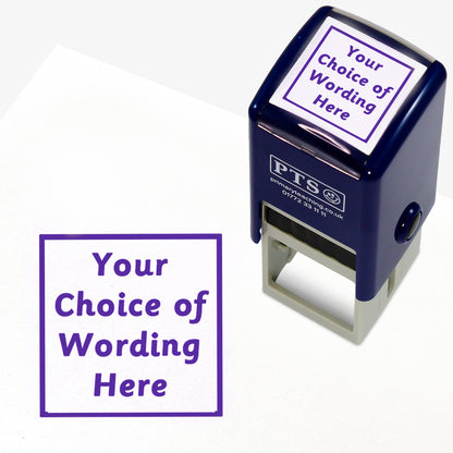 A 25mm pre-inked stamper with purple ink, featuring the space for personalisation 'Your Choice of Wording Here' in a clear, bold font across 4 lines.