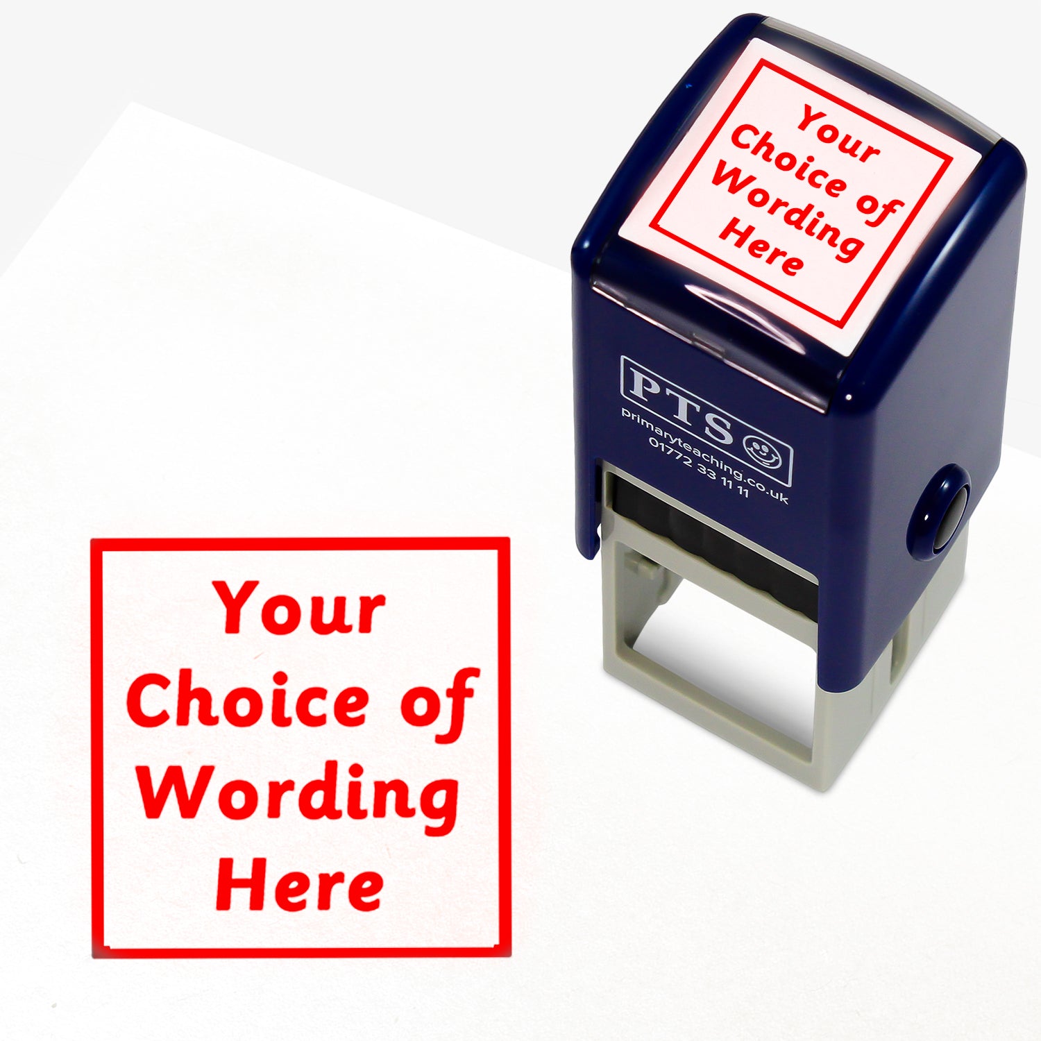 A 25mm pre-inked stamper with red ink, featuring the space for personalisation 'Your Choice of Wording Here' in a clear, bold font across 4 lines.