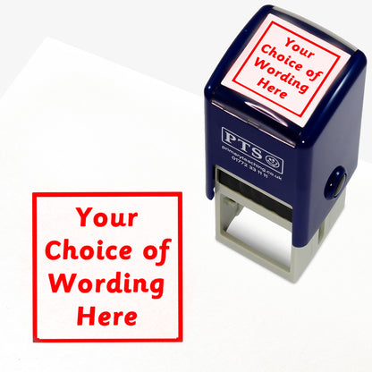 A 25mm pre-inked stamper with red ink, featuring the space for personalisation 'Your Choice of Wording Here' in a clear, bold font across 4 lines.