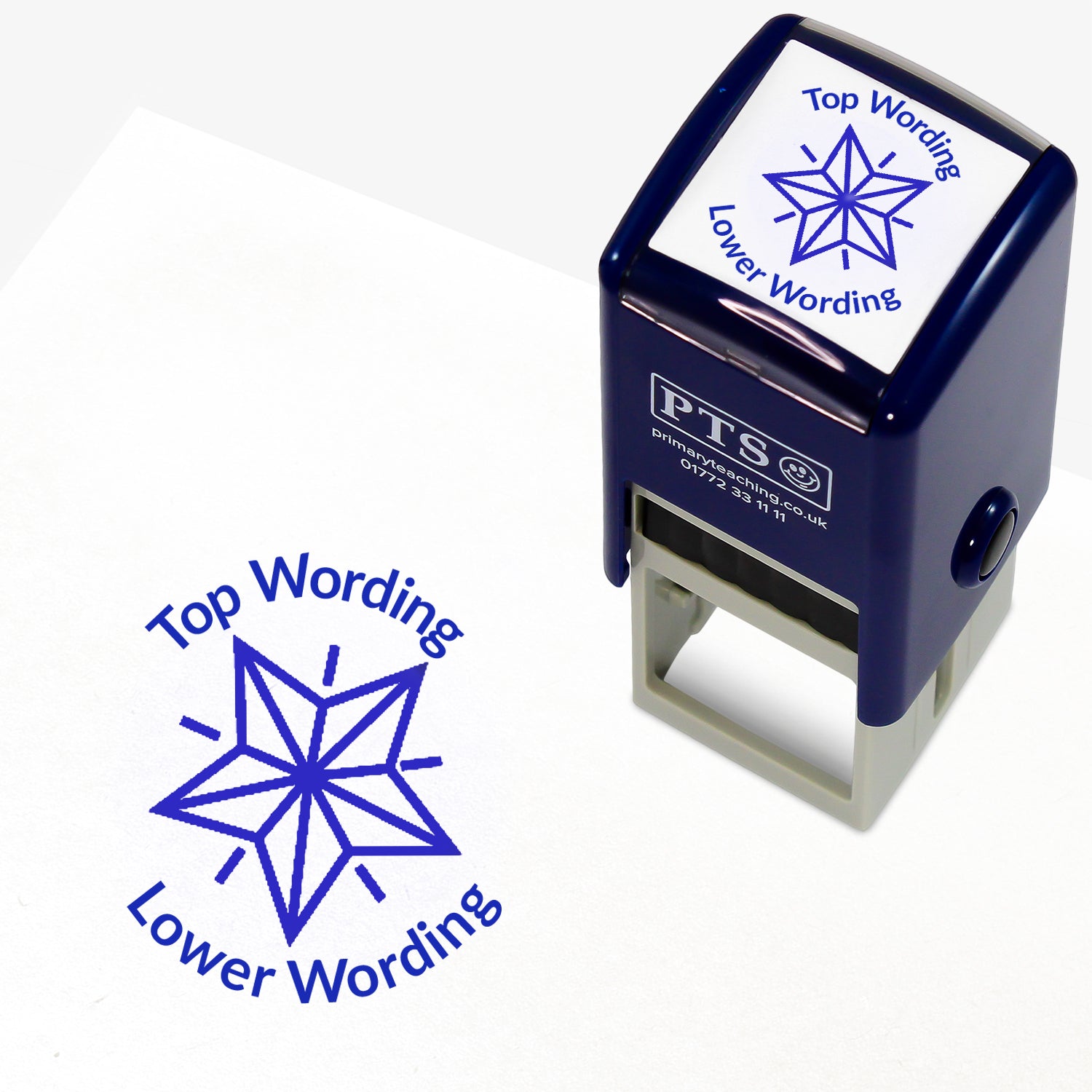 A 25mm round pre-inked teacher stamper with blue ink, featuring a geometric shining star, curving above the image is space for personalisation 'Top Wording' and curving below the image is space for personalisation 'Lower Wording' in a clear, bold font.