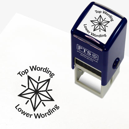 A 25mm round pre-inked teacher stamper with black ink, featuring a geometric shining star, curving above the image is space for personalisation 'Top Wording' and curving below the image is space for personalisation 'Lower Wording' in a clear, bold font.