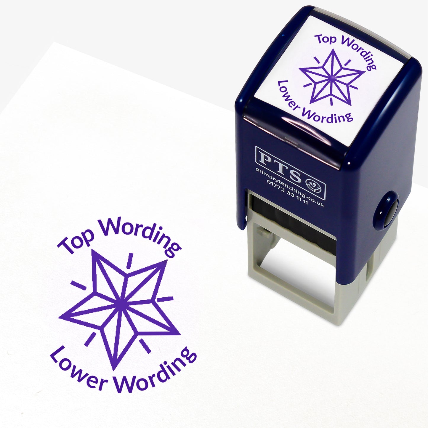 A 25mm round pre-inked teacher stamper with purple ink, featuring a geometric shining star, curving above the image is space for personalisation 'Top Wording' and curving below the image is space for personalisation 'Lower Wording' in a clear, bold font.