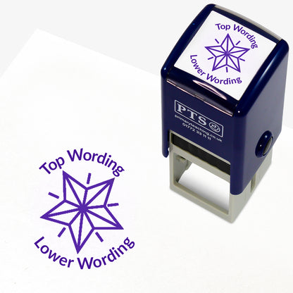 A 25mm round pre-inked teacher stamper with purple ink, featuring a geometric shining star, curving above the image is space for personalisation 'Top Wording' and curving below the image is space for personalisation 'Lower Wording' in a clear, bold font.
