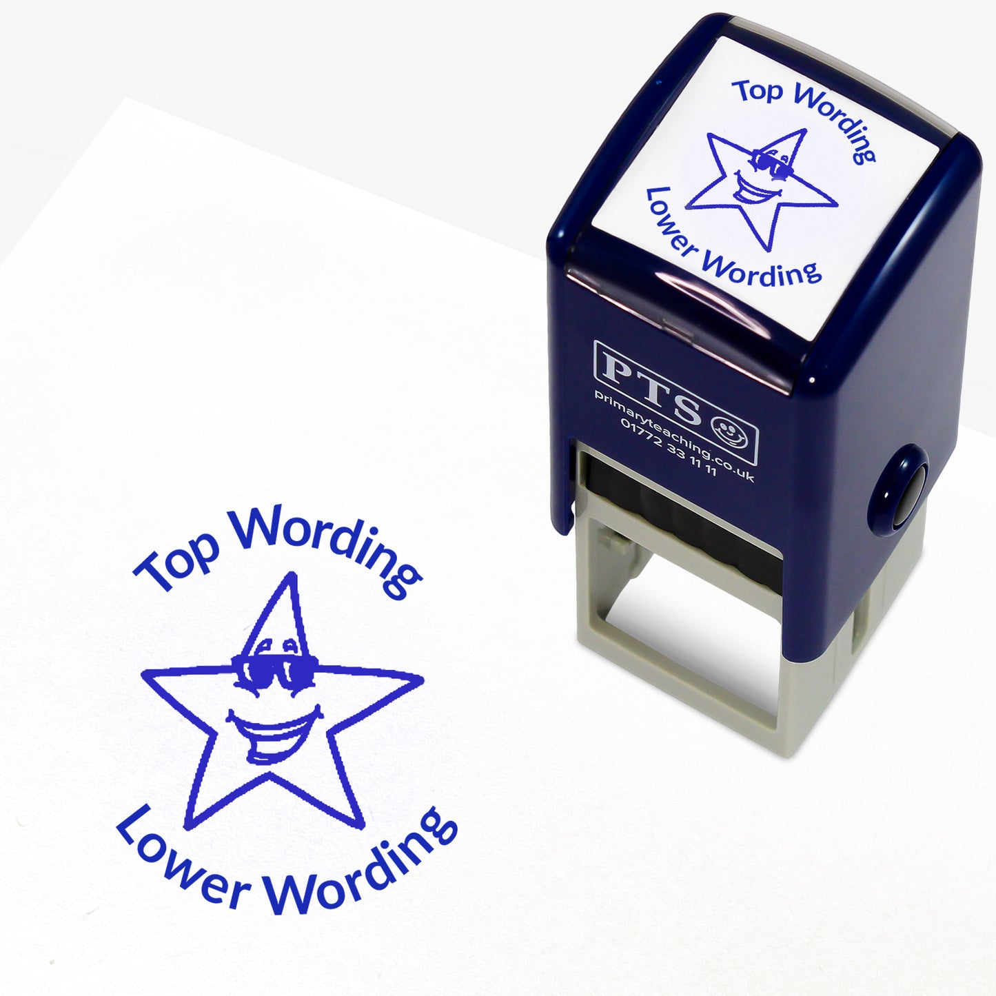 A 25mm round pre-inked teacher stamper with blue ink, featuring a smiling star wearing sunglasses, curving above the image is space for personalisation 'Top Wording' and curving below the image is space for personalisation 'Lower Wording' in a clear, bold font.