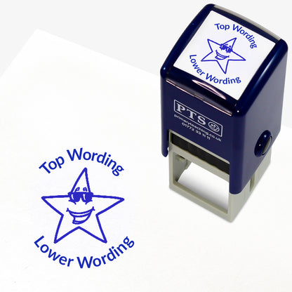 A 25mm round pre-inked teacher stamper with blue ink, featuring a smiling star wearing sunglasses, curving above the image is space for personalisation 'Top Wording' and curving below the image is space for personalisation 'Lower Wording' in a clear, bold font.