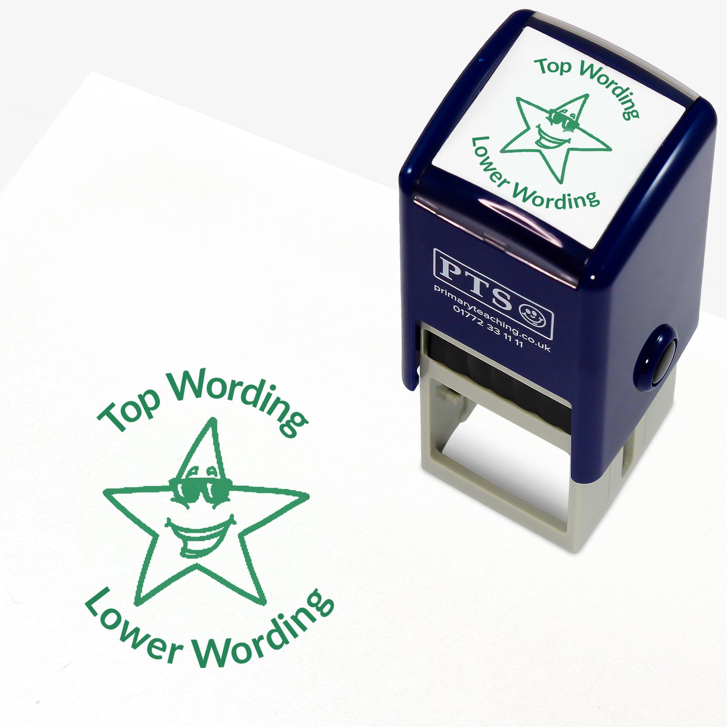 A 25mm round pre-inked teacher stamper with green ink, featuring a smiling star wearing sunglasses, curving above the image is space for personalisation 'Top Wording' and curving below the image is space for personalisation 'Lower Wording' in a clear, bold font.