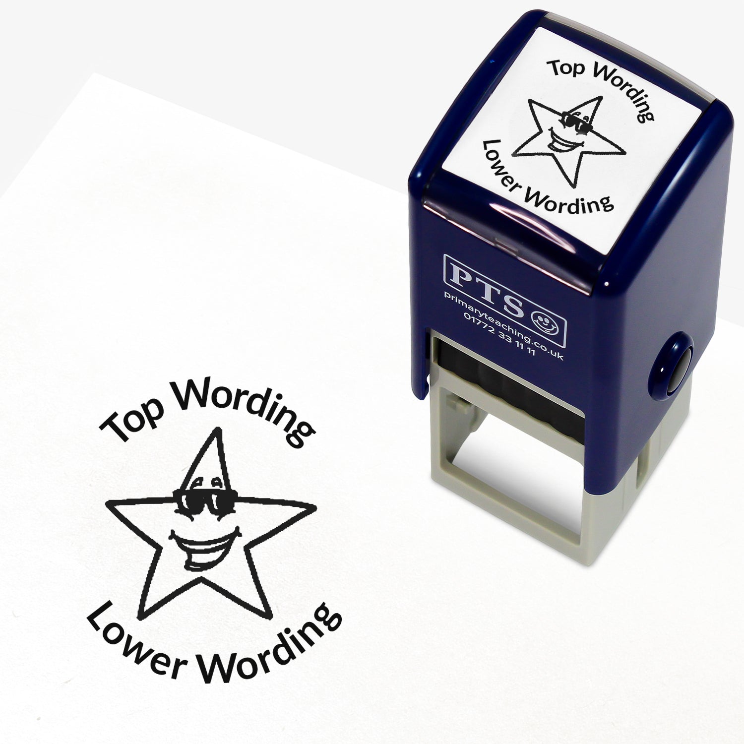 A 25mm round pre-inked teacher stamper with black ink, featuring a smiling star wearing sunglasses, curving above the image is space for personalisation 'Top Wording' and curving below the image is space for personalisation 'Lower Wording' in a clear, bold font.
