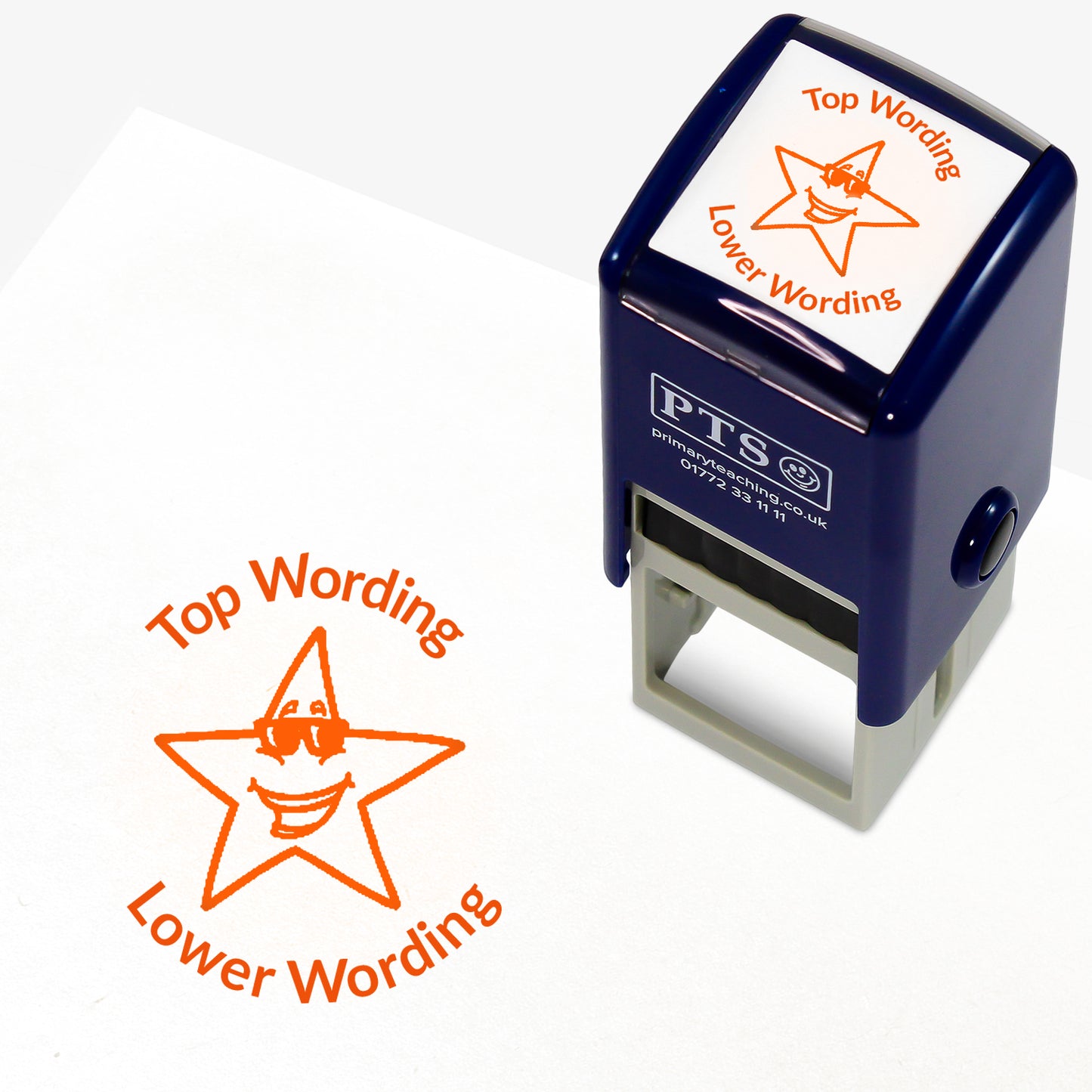 A 25mm round pre-inked teacher stamper with orange ink, featuring a smiling star wearing sunglasses, curving above the image is space for personalisation 'Top Wording' and curving below the image is space for personalisation 'Lower Wording' in a clear, bold font.