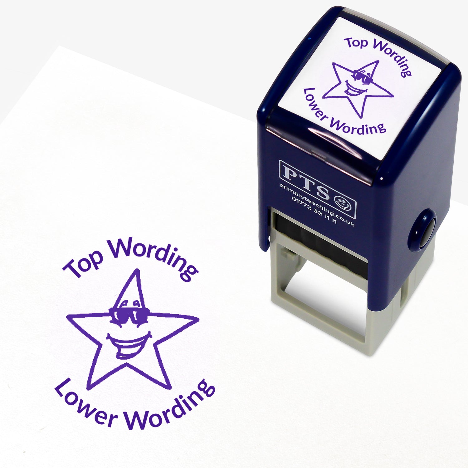 A 25mm round pre-inked teacher stamper with purple ink, featuring a smiling star wearing sunglasses, curving above the image is space for personalisation 'Top Wording' and curving below the image is space for personalisation 'Lower Wording' in a clear, bold font.