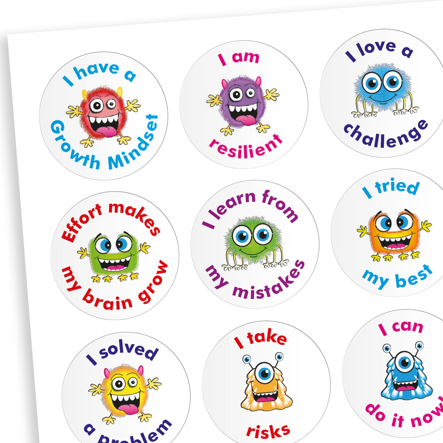 A sheet of circular growth mindset stickers featuring colourful cartoon monsters and motivational phrases. Phrases include: 'I have a Growth Mindset', 'I am resilient', 'I love a challenge', 'Effort makes my brain grow', 'I learn from my mistakes', 'I tried my best', 'I solved a problem', 'I take risks', and 'I can do it now'. Each sticker has a unique monster character and a different bright colour scheme.