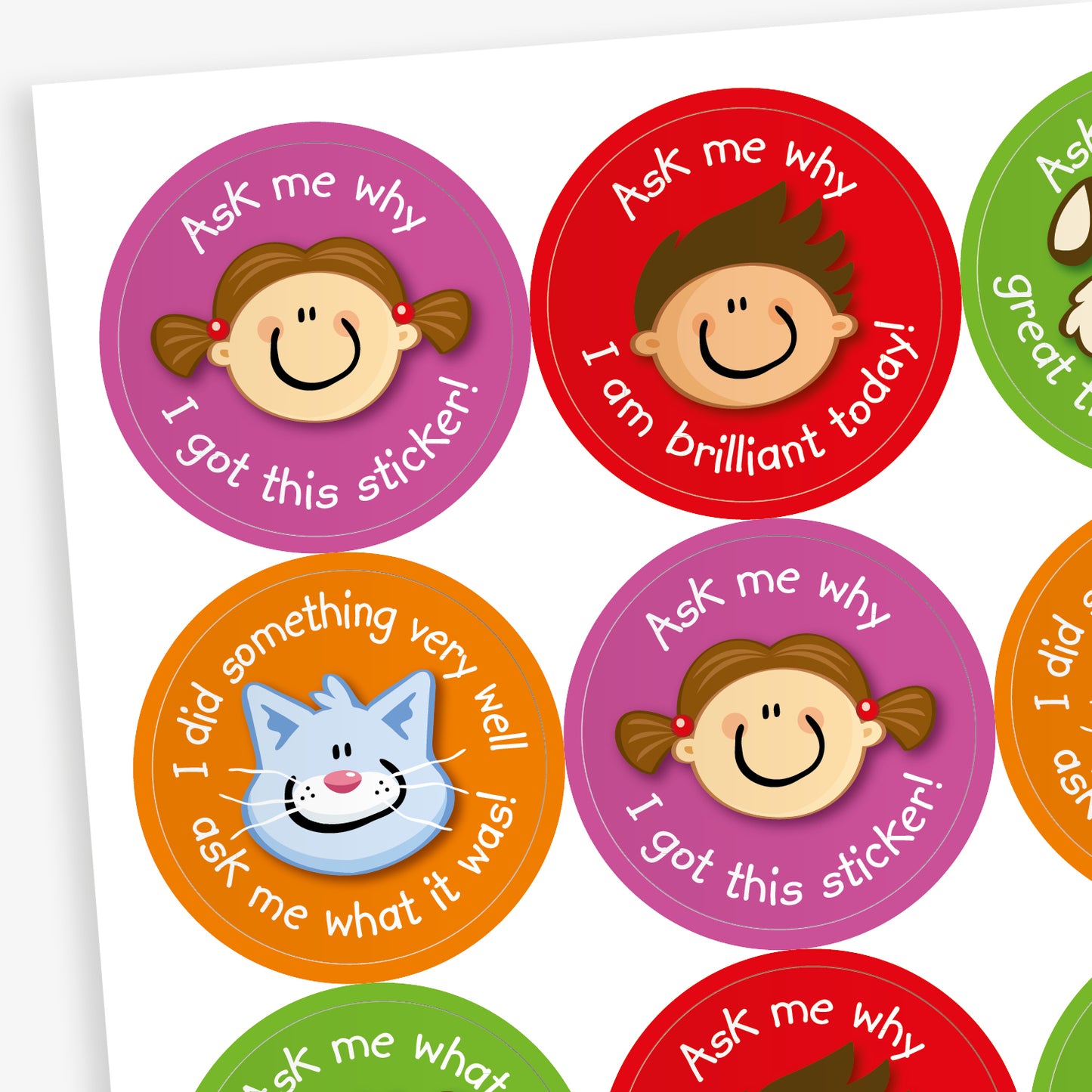Sheet of 32mm round stickers each with a character's face (Cat, boy, girl, dog) central to a colourful background with phrases surrounding the image, such as 'Ask me why I got this sticker' and 'I did something very well ask me what it was!'