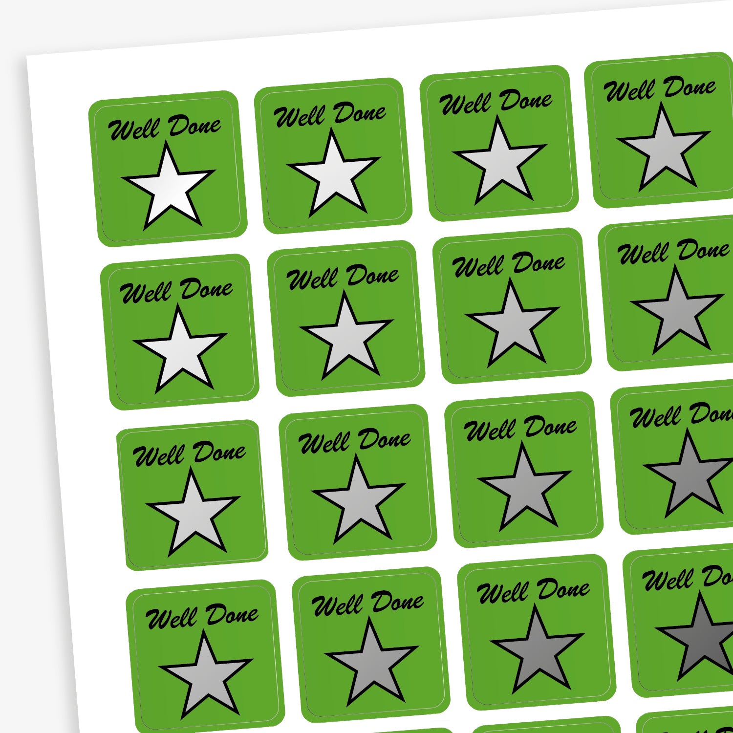 A sheet of 140 square 16mm reward stickers, each featuring the phrase 'Well Done' in black script text above a large silver star set against a vibrant green background.