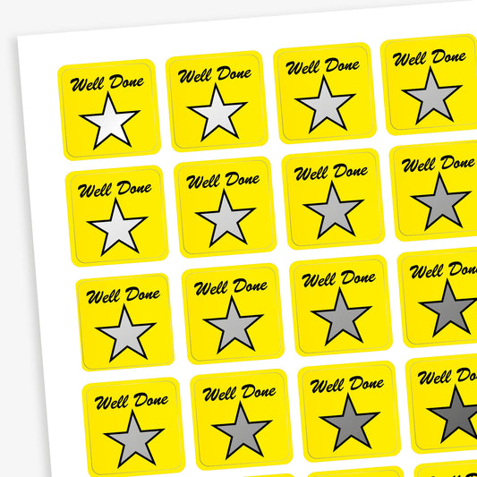 A sheet of 140 square 16mm reward stickers, each featuring the phrase 'Well Done' in black script text above a large silver star set against a vibrant yellow background.