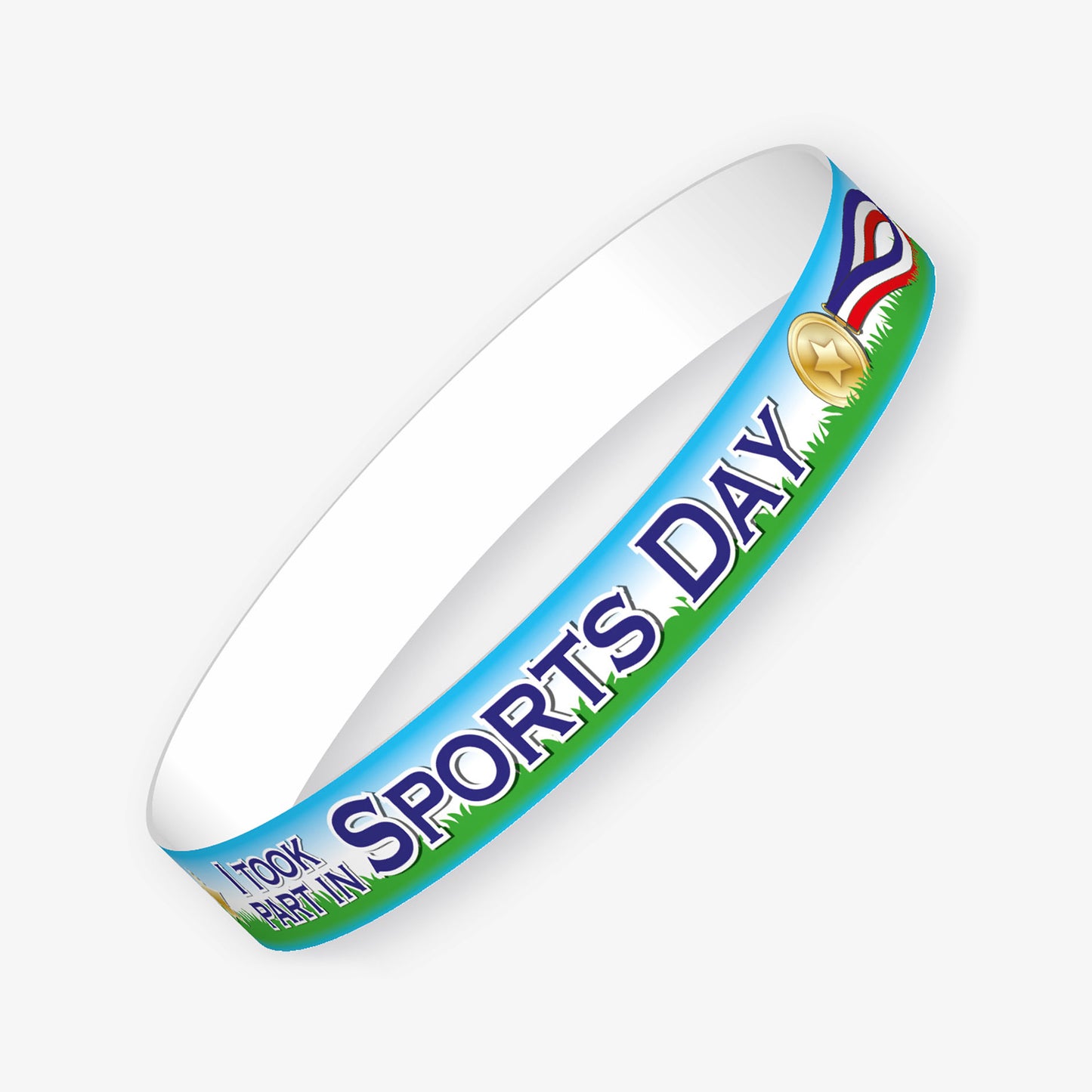 A set of ten blue wristbands featuring the phrase 'I Took Part in Sports Day' in bold white and blue text, accompanied by a gold medal illustration and a grassy field background; designed to celebrate pupils' participation in school sports day events.