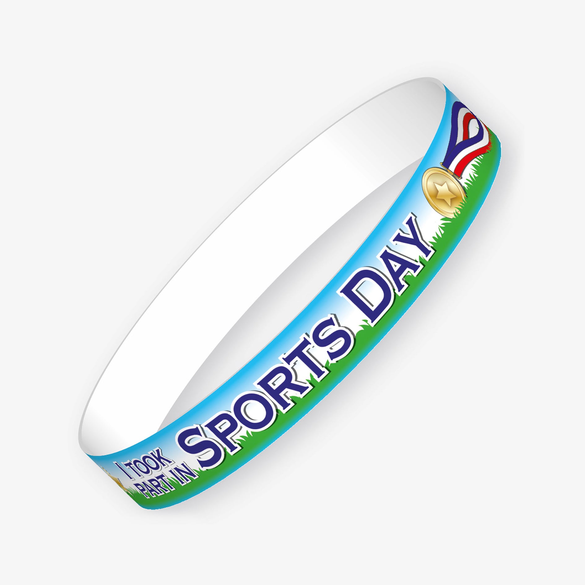 A set of ten blue wristbands featuring the phrase 'I Took Part in Sports Day' in bold white and blue text, accompanied by a gold medal illustration and a grassy field background; designed to celebrate pupils' participation in school sports day events.