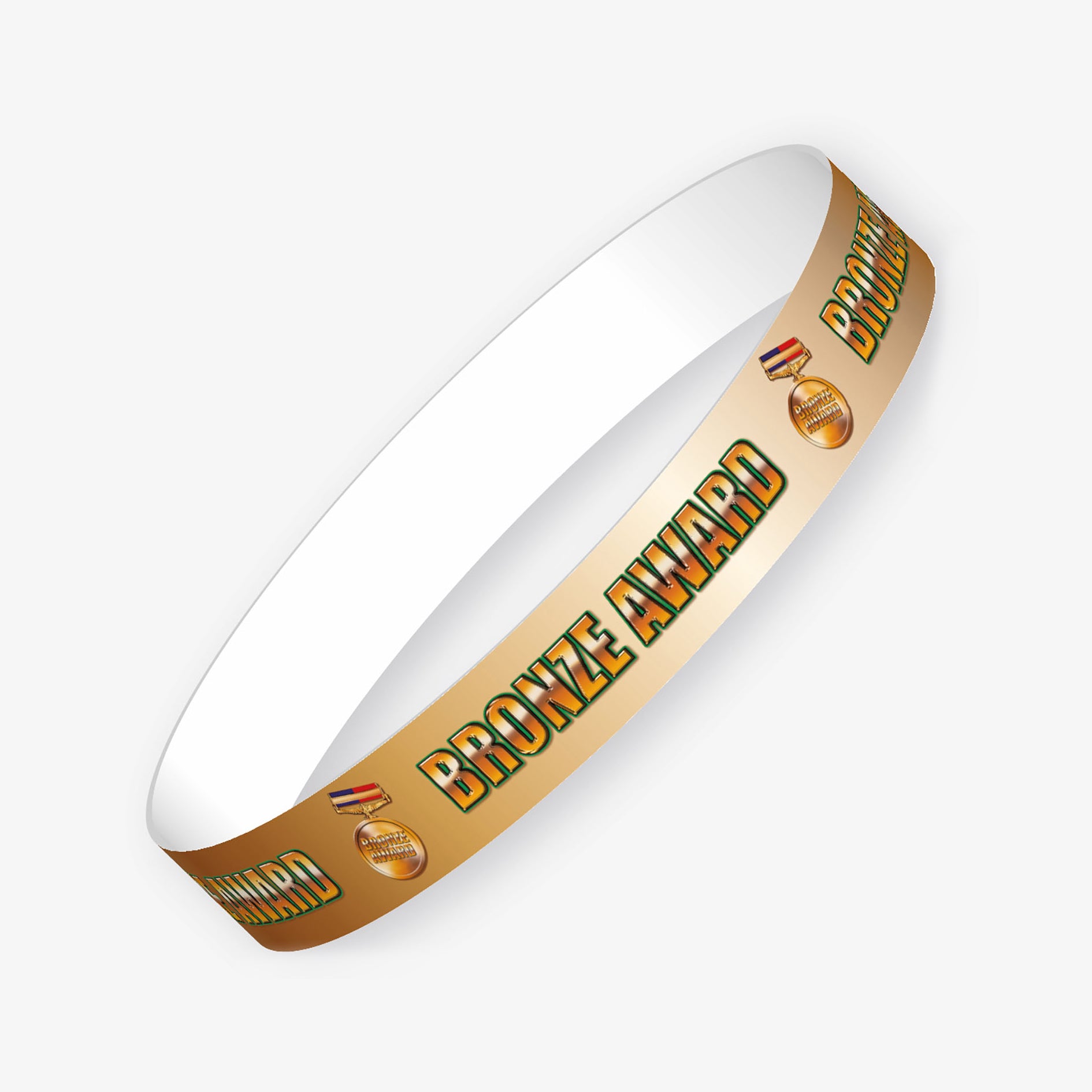 Set of 10 bronze wristbands alternating the wording 'BRONZE AWARD' with bronze medals