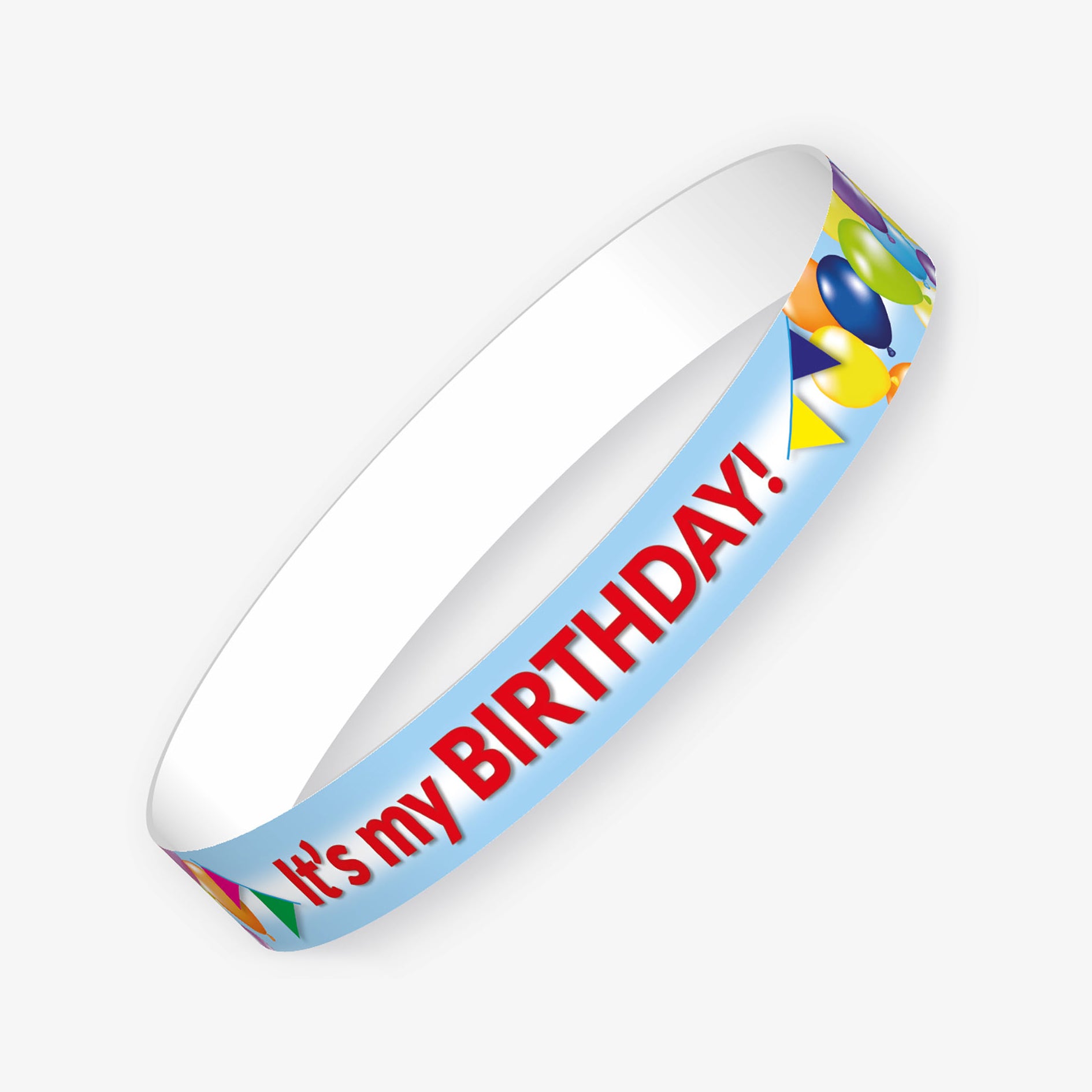 A set of ten pale blue wristbands featuring the phrase 'It's my BIRTHDAY!' in bold red text, accompanied by bunting and balloons.