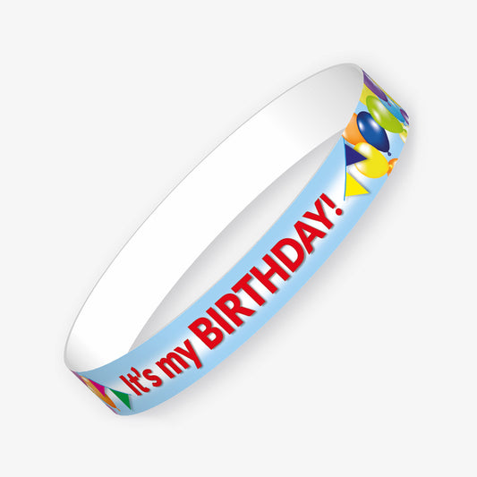 A set of ten pale blue wristbands featuring the phrase 'It's my BIRTHDAY!' in bold red text, accompanied by bunting and balloons.