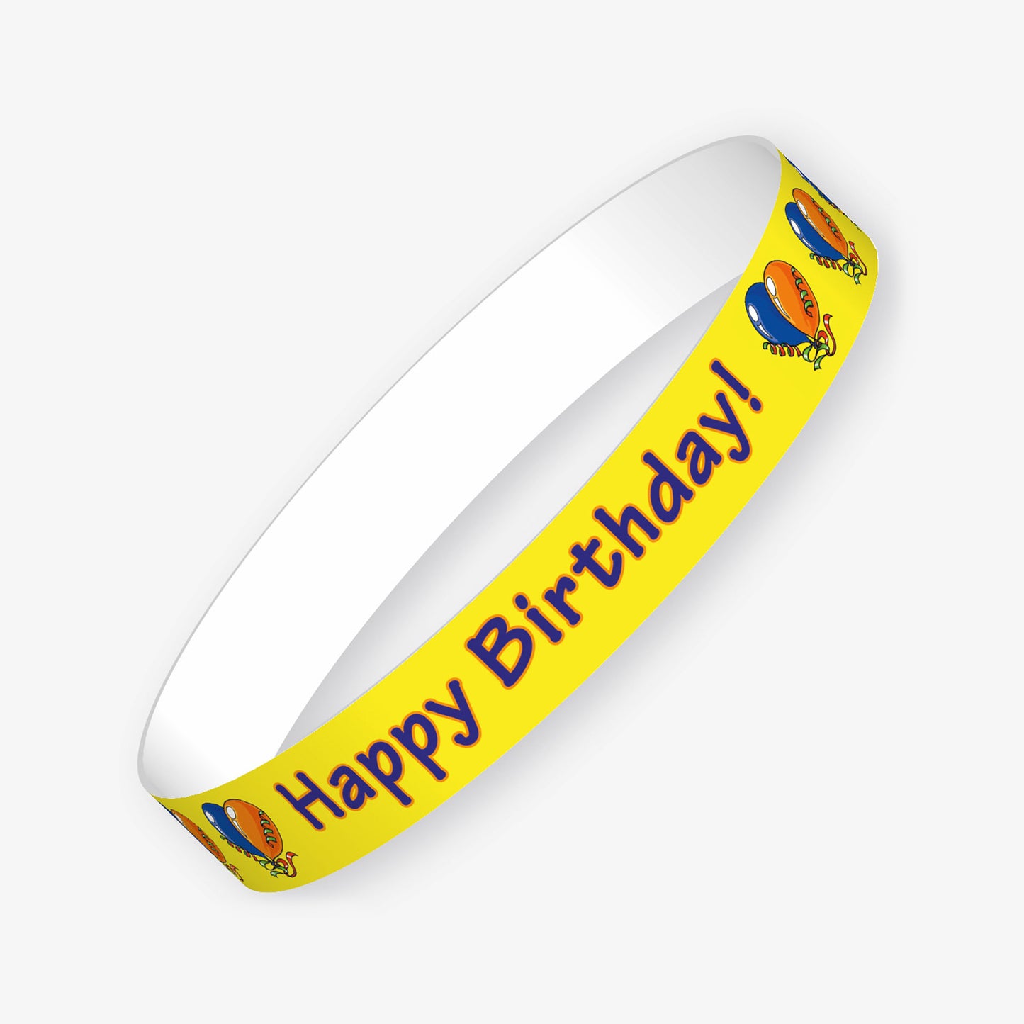 Set of 10 vibrant yellow wristbands with the wording 'Happy Birthday!' in blue letters with blue and orange ballons completing the design.