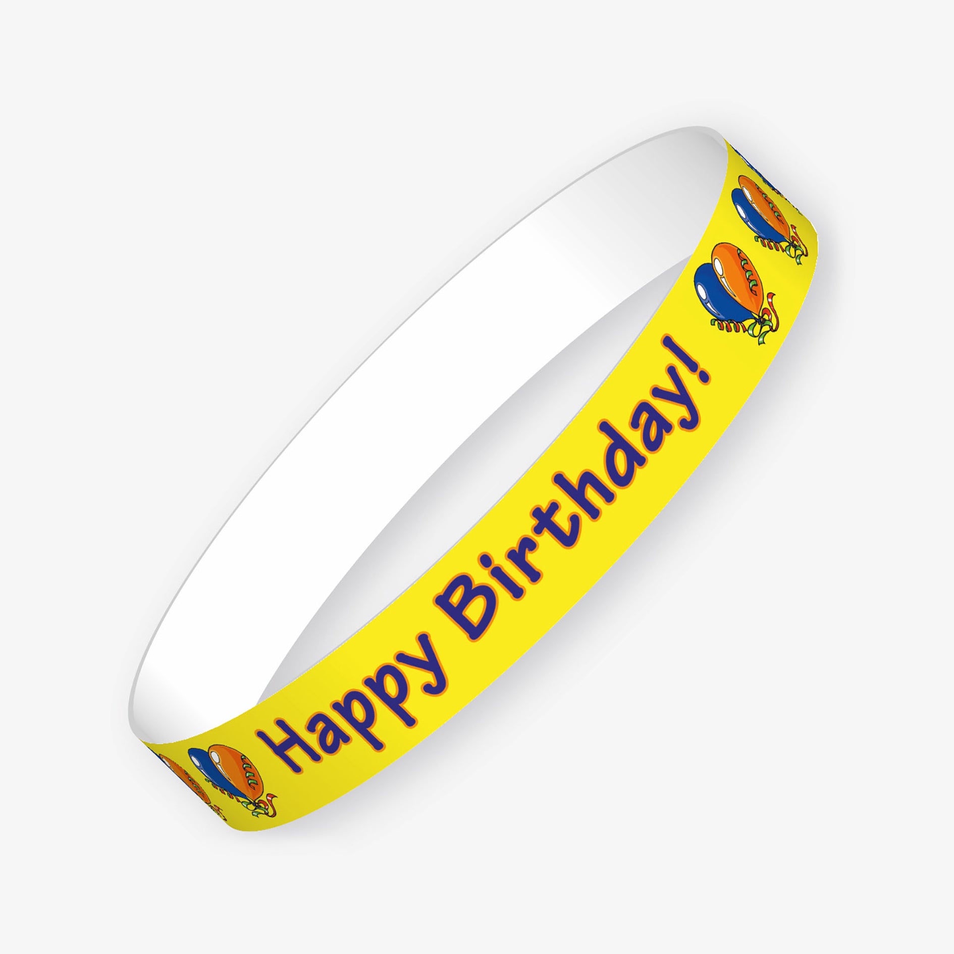 Set of 10 vibrant yellow wristbands with the wording 'Happy Birthday!' in blue letters with blue and orange ballons completing the design.