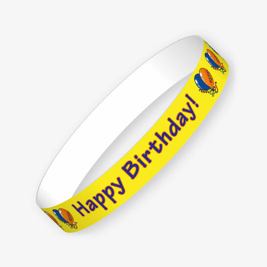 Set of 10 vibrant yellow wristbands with the wording 'Happy Birthday!' in blue letters with blue and orange ballons completing the design.