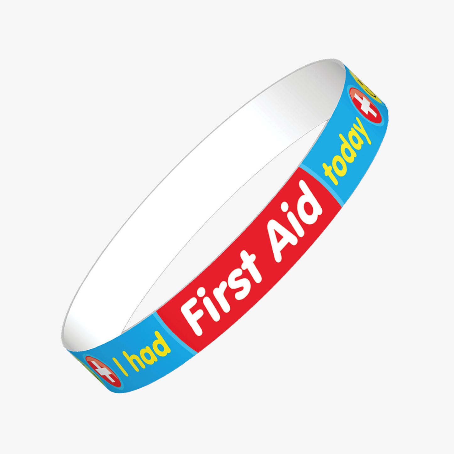 A set of ten blue wristbands featuring the phrase 'I had First Aid today' in bold white and yellow text, accompanied by a red cross symbol; designed to inform staff and parents that a pupil has received first aid during school hours