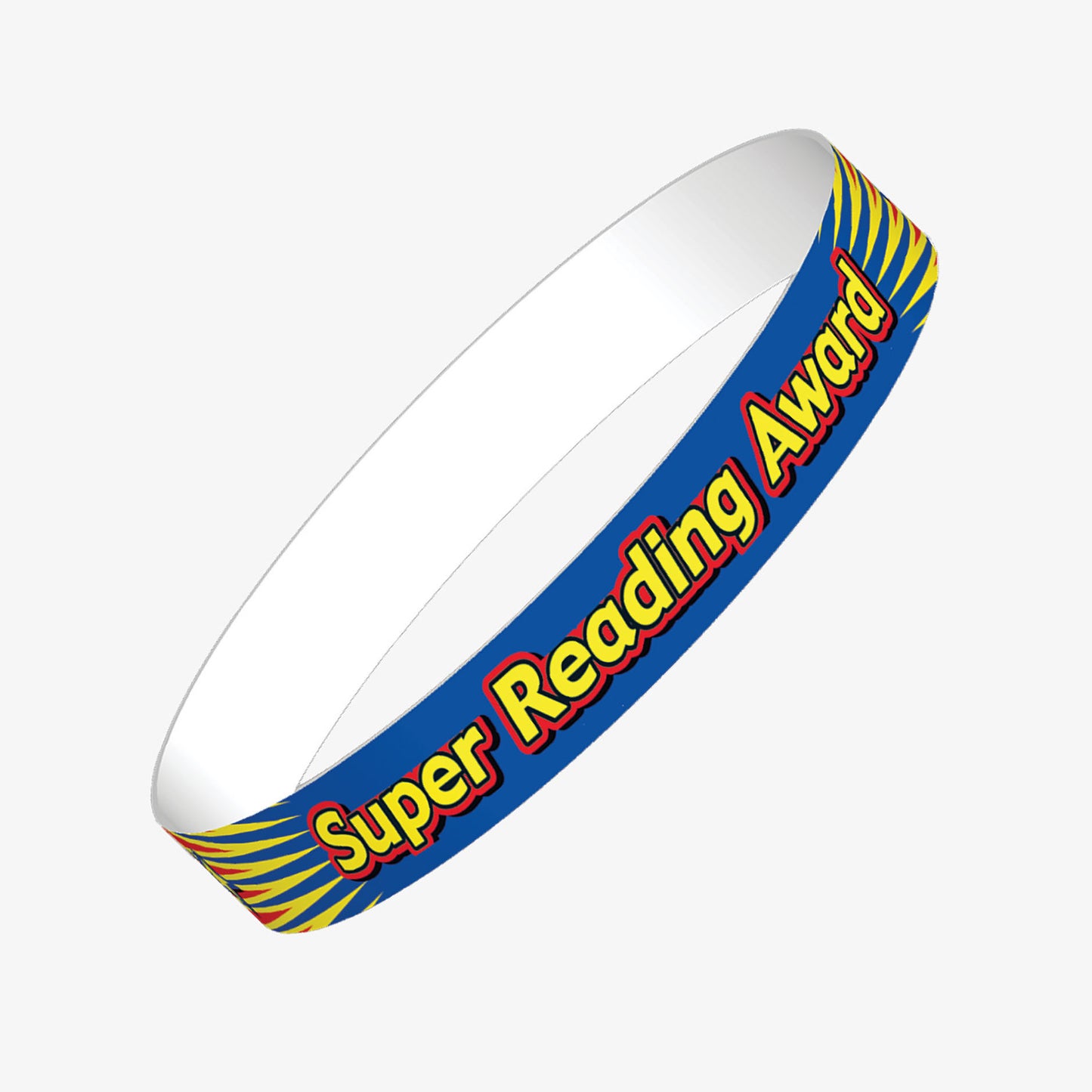 A set of ten blue  wristbands featuring the phrase 'Super Reading Award' in bold yellow text with a red outline, accompanied by a dynamic yellow burst pattern; designed to reward pupils for outstanding reading achievements in educational settings.