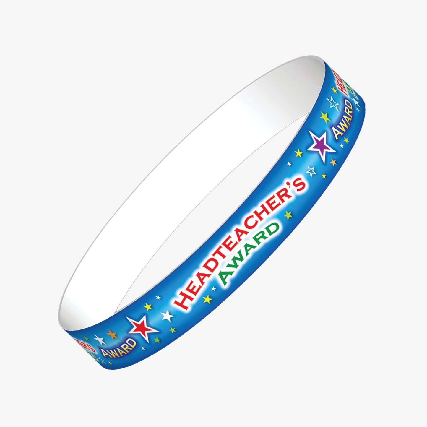 A set of ten pale blue wristbands featuring the phrase 'HEADTEACHER'S AWARD' in bold red and green block letters, surrounded by multicoloured stars and 'AWARD'.