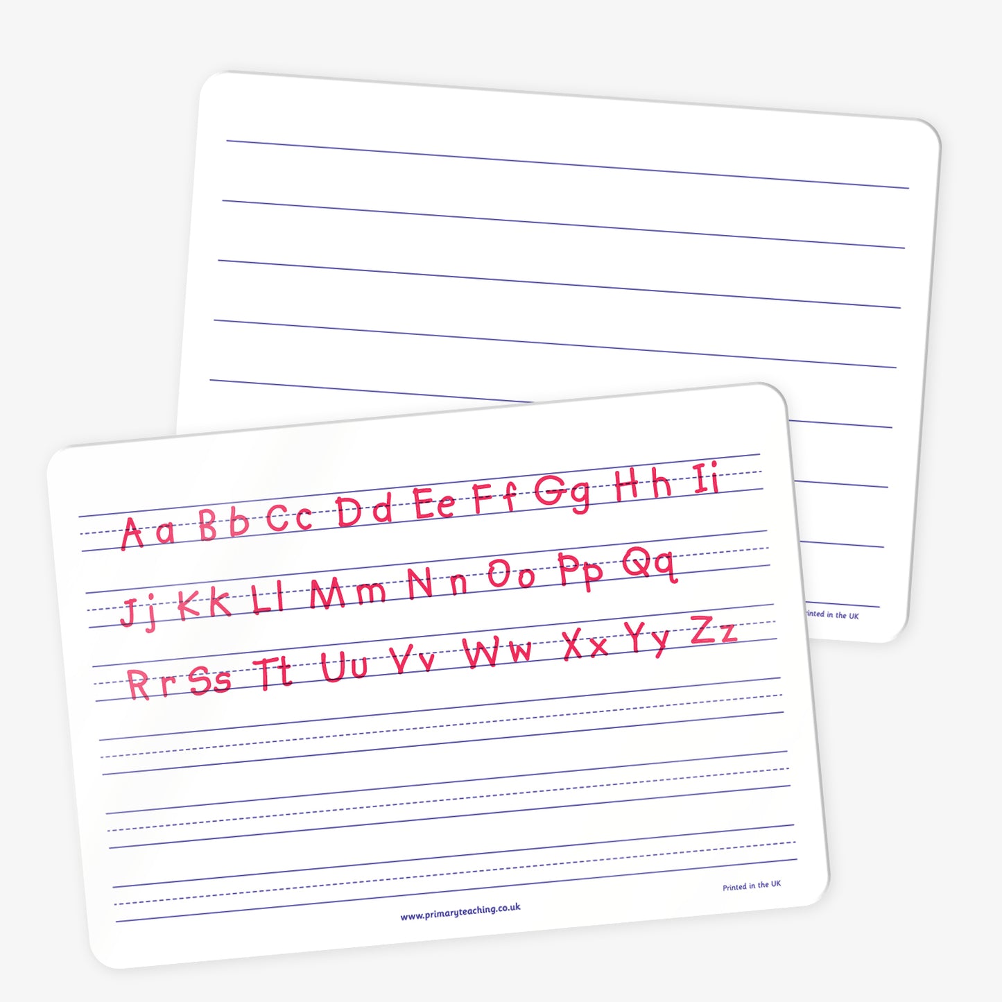 Two white dry-wipe handwriting boards. The front board displays the full English alphabet in upper and lower case letters, written in red on lined handwriting guides. The back board shows blank handwriting lines only, intended for writing practice.