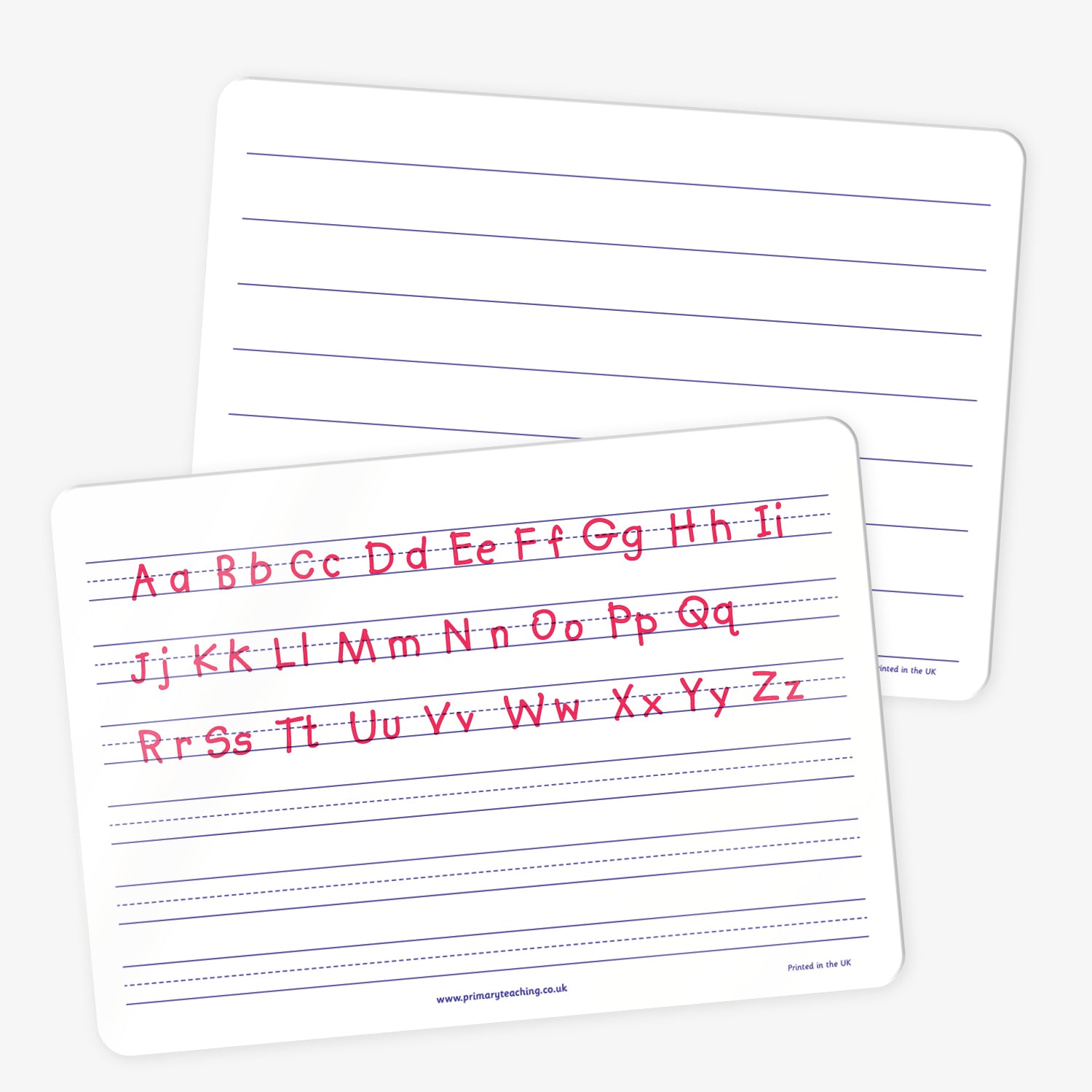 Two white dry-wipe handwriting boards. The front board displays the full English alphabet in upper and lower case letters, written in red on lined handwriting guides. The back board shows blank handwriting lines only, intended for writing practice.