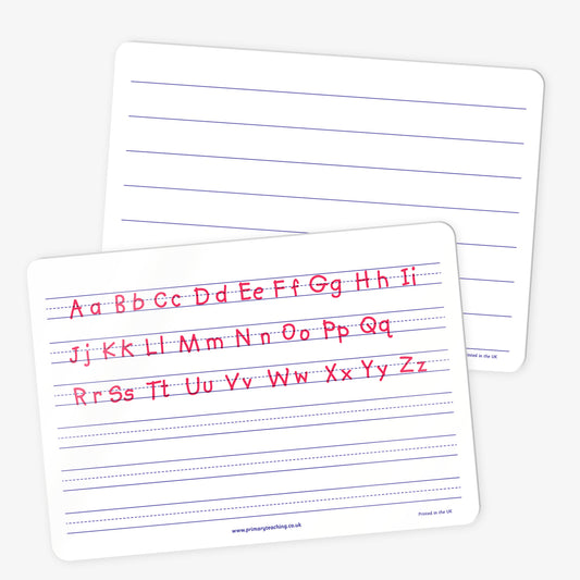Two white dry-wipe handwriting boards. The front board displays the full English alphabet in upper and lower case letters, written in red on lined handwriting guides. The back board shows blank handwriting lines only, intended for writing practice.
