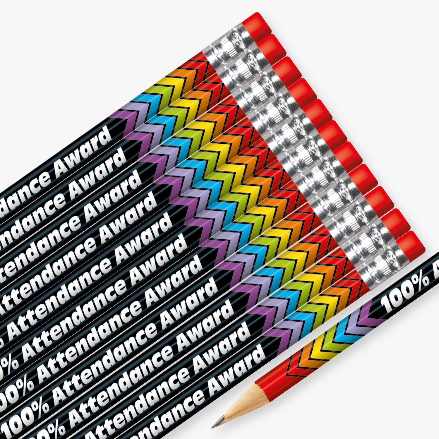 Set of 12 pre-sharpened pencils with erasers, each featuring a black barrel with multicoloured chevrons at each end and bold white text reading '100% Attendance Award' along the side.