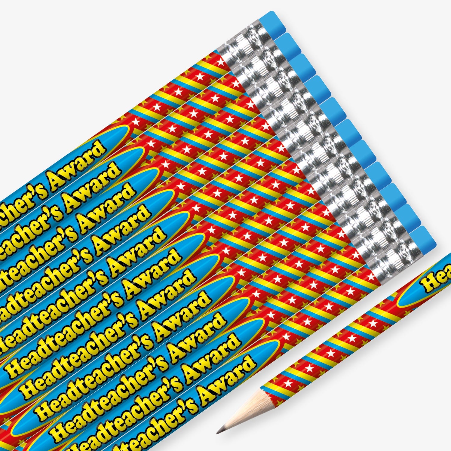 Set of 12 pre-sharpened pencils with erasers, each featuring a red, yellow and blue spiral background with white stars and oval box containing the wording  'Headteacher's Award' in yellow text.