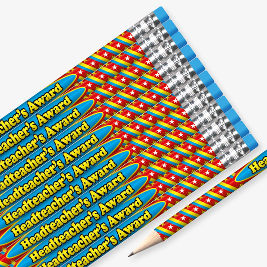 Set of 12 pre-sharpened pencils with erasers, each featuring a red, yellow and blue spiral background with white stars and oval box containing the wording  'Headteacher's Award' in yellow text.