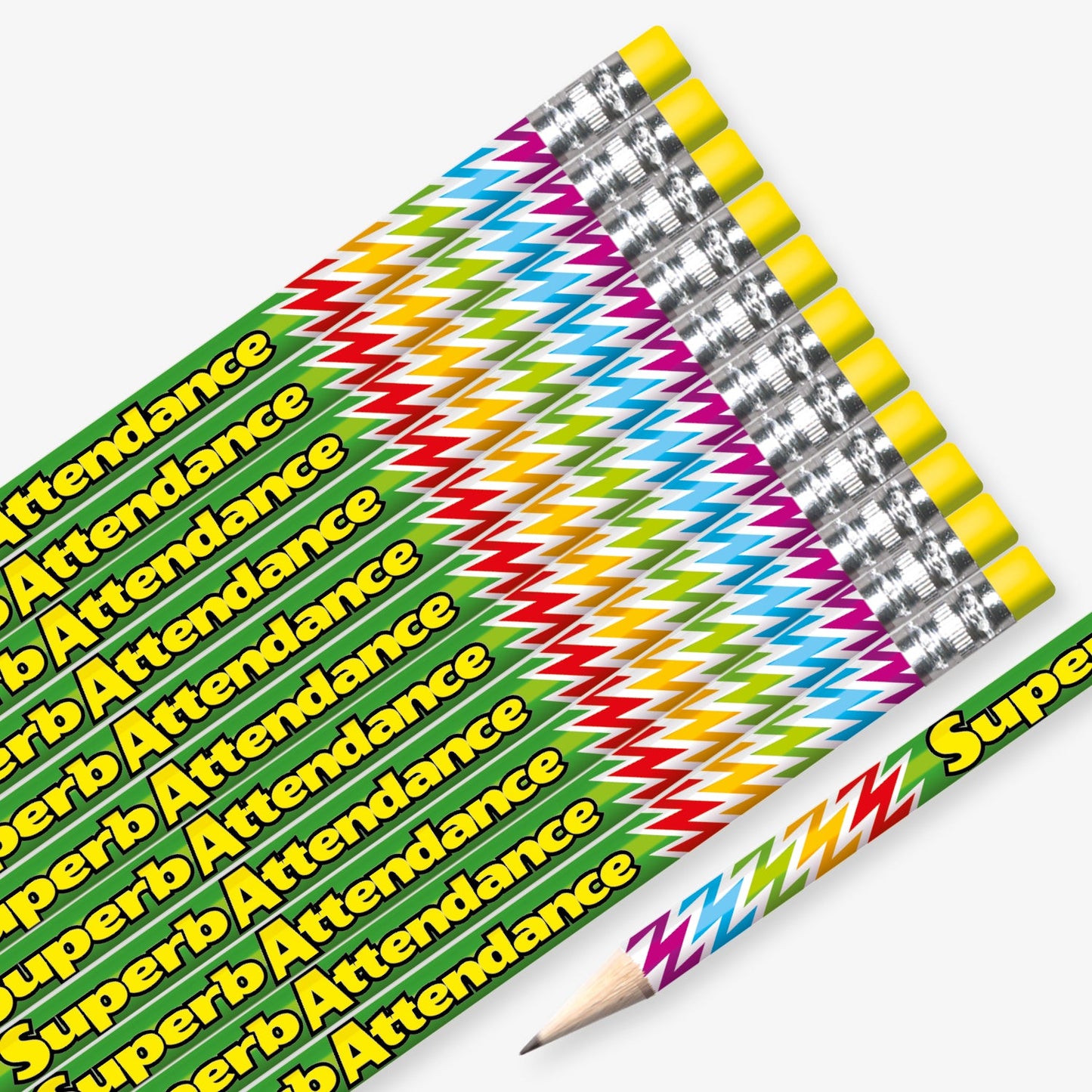 Set of 12 pre-sharpened pencils with erasers, each featuring a vibrant green barrel with multicoloured chevrons at each end and bold yellow text reading 'Superb Attendance' along the side.