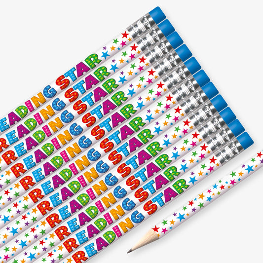 Set of 12 pre-sharpened pencils with erasers, each featuring a white background with studded with stars of differing colours and text saying 'READING STAR' along the side.