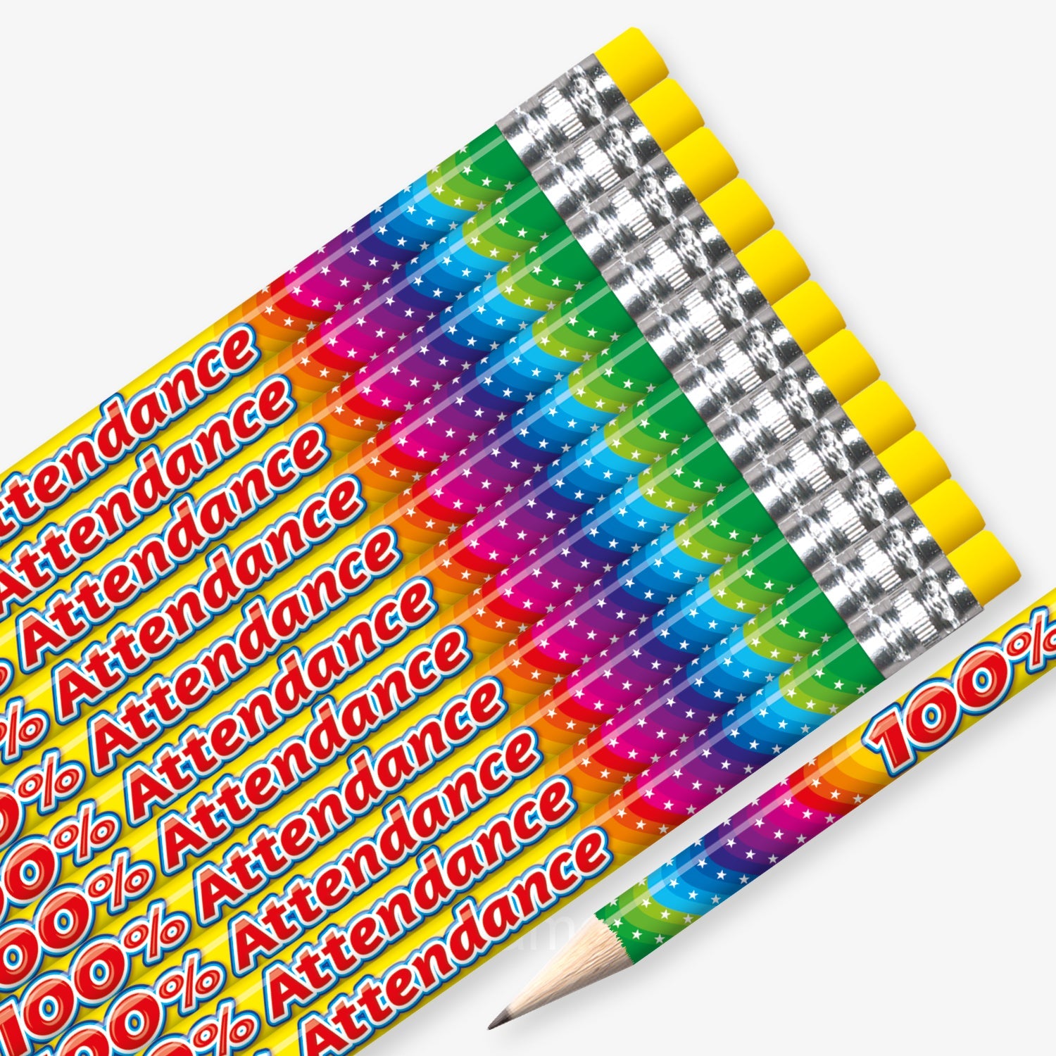 Set of 12 pre-sharpened pencils with erasers, each featuring a vibrant rainbow-coloured barrel adorned with stars and bold red text with a white outline reading '100% Attendance' along the side.