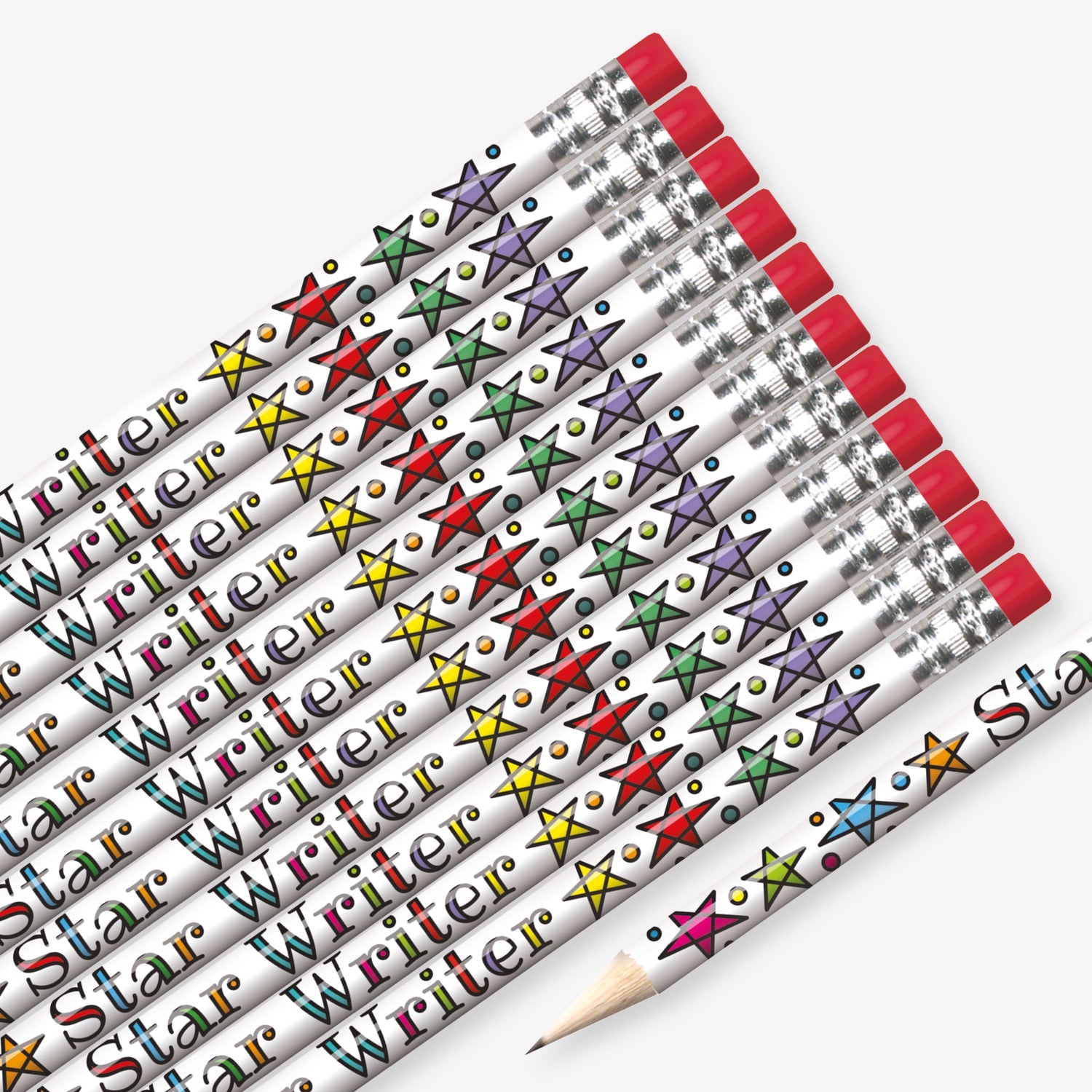 Set of 12 pre-sharpened pencils with erasers, each featuring a white background with multicoloured stars with the wording  'Star Writer' in multicolured text