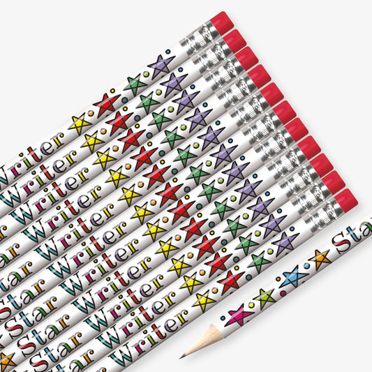 Set of 12 pre-sharpened pencils with erasers, each featuring a white background with multicoloured stars with the wording  'Star Writer' in multicolured text
