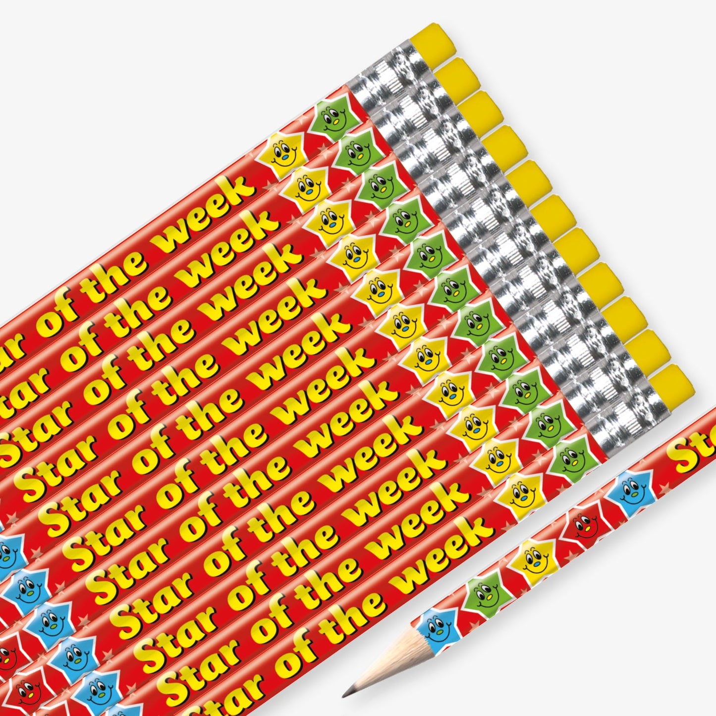 Set of 12 pre-sharpened pencils with erasers, each featuring a red background with multicoloured stars with the wording  'Star of the Week' in yellow text
