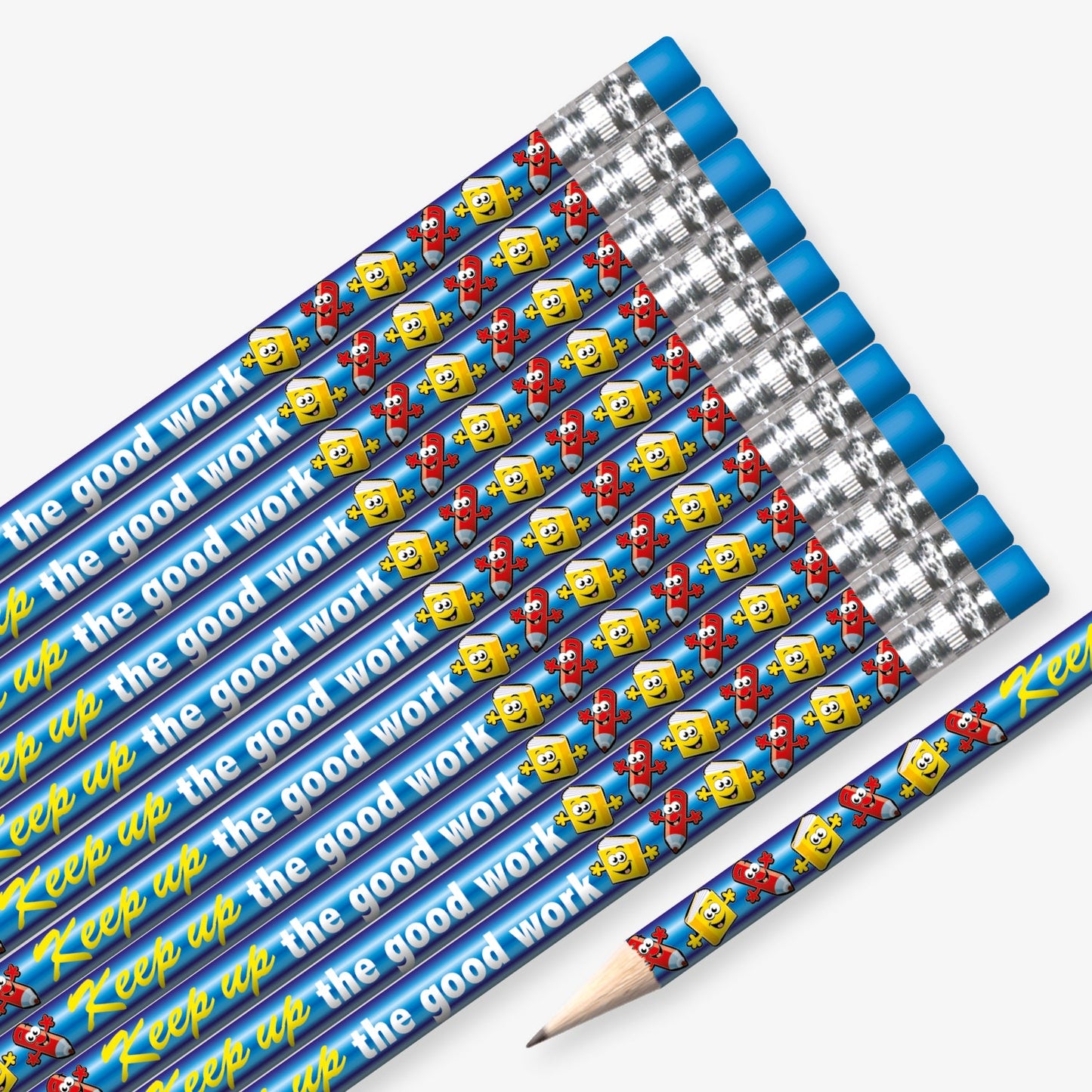 Set of 12 pre-sharpened pencils with erasers, each featuring a vibrant blue background with cartoon style pencil and eraser icons; text in yellow and white along the side reads 'Keep up the good work'.