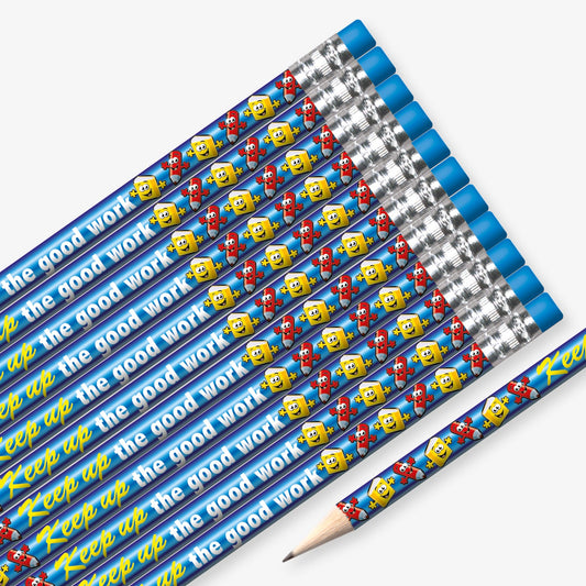 Set of 12 pre-sharpened pencils with erasers, each featuring a vibrant blue background with cartoon style pencil and eraser icons; text in yellow and white along the side reads 'Keep up the good work'.