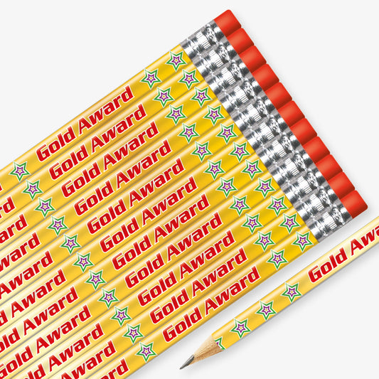 Set of 12 pre-sharpened pencils with erasers, each featuring a gold background with bold red text reading 'Gold Award' twice along the side with stars.