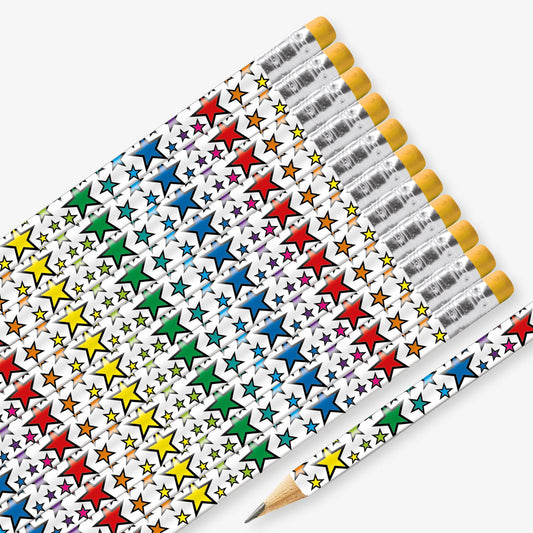 Set of 12 pre-sharpened pencils with erasers, each featuring a white background with various sized stars in different colours along the side.